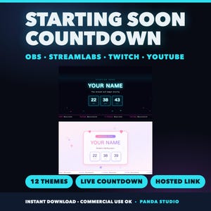 Könnte beinhalten: Ein digitaler Countdown-Bildschirm für Streaming-Plattformen wie OBS, Streamlabs, Twitch und YouTube. Die Grafik zeigt zwei Varianten: eine mit einem dunklen Design und neonblauem Text sowie eine weitere mit einem hellen Pastell-Design mit Herzen.
