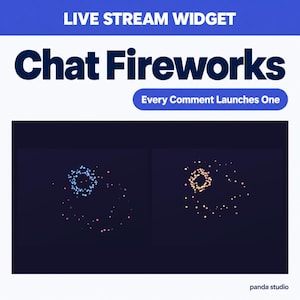 May include: A digital live stream widget graphic titled Chat Fireworks with the text Every Comment Launches One. The display shows two dark panels featuring animated blue and yellow firework particle effects against a black background.