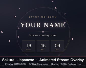 Sakura Animated Twitch Overlay Pack | Japanese Cherry Blossom Starting Soon BRB Ending Live | Editable OBS Streamlabs VTuber