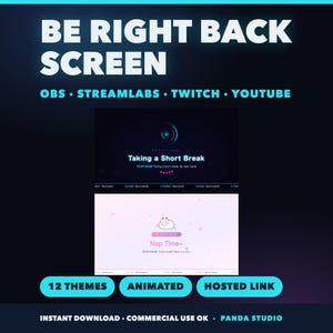 May include: A digital streaming overlay pack featuring two distinct designs: a dark theme with the text Taking a Short Break and a light theme with a cat graphic and the text Nap Time. The pack includes 12 themes, animated elements, and a hosted link.