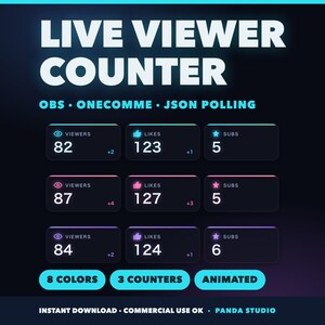 Könnte beinhalten: Eine digitale Live-Zuschaueranzeige mit dem Text LIVE VIEWER COUNTER, OBS, ONECOMME, JSON POLLING, 8 COLORS, 3 COUNTERS, ANIMATED, INSTANT DOWNLOAD, COMMERCIAL USE OK, PANDA STUDIO, sowie drei Zeilen mit Metriken für Zuschauer, Likes und Abos.