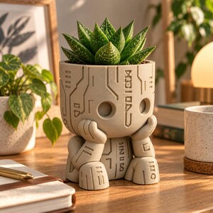 May include: A light beige, matte-finish planter shaped like a stylized humanoid figure with its hands resting under its chin. The surface features etched geometric circuit-like patterns and symbols. A green succulent plant is potted inside the top.