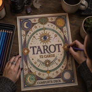 May include: A rectangular tarot card deck box featuring an intricate celestial design with a central eye, sun, and moon motifs. The text reads TAROT 72 CARDS COMPLETE DECK. The artwork uses a palette of gold, purple, and teal on a cream background.