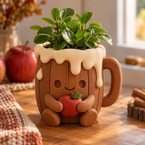 May include: A brown barrel-shaped planter with a handle, featuring a smiling face and cream-colored drips along the top rim. The planter holds a small green plant and has two arms holding a small red apple in the center of its front surface.