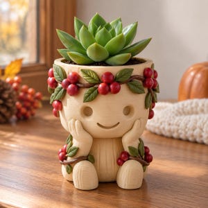 May include: A light beige planter shaped like a small humanoid figure with hands resting on its cheeks. The planter is decorated with sculpted green leaves and clusters of red berries wrapped around the rim and base, containing a green succulent.
