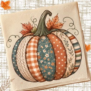 May include: A square paper napkin featuring a central illustration of a pumpkin composed of various patchwork segments. The segments display patterns including orange gingham, white polka dots, floral prints, and stripes, topped with orange leaves.