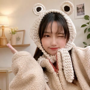 Puede incluir: Un gorro de ganchillo color crema con dos grandes detalles circulares en forma de ojos de rana en la parte superior. Los ojos están formados por anillos exteriores color crema y centros marrón oscuro. El gorro tiene lazos largos.
