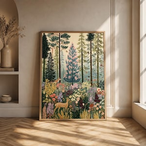 Enchanted Forest Folk Art Print -Whimsical Woodland Nature Wall Art -Scandinavian Decor -Deer and Fox -Wildflower Meadow -Digital Download