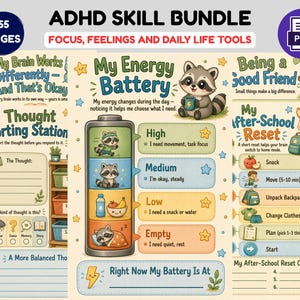 ADHD Skills Bundle for Kids Teens, Executive Function Worksheets (Digital Download)