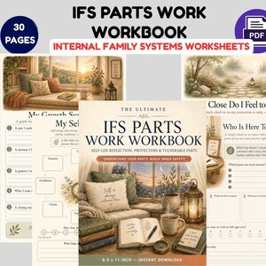 May include: A 30-page IFS Parts Work Workbook PDF featuring Internal Family Systems worksheets. The cover displays a cozy window seat with a book, a lantern, and the title The Ultimate IFS Parts Work Workbook. Includes pages for self-reflection.