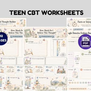 May include: A set of 32 printable PDF teen CBT worksheets featuring pastel-colored illustrations of lanterns, compasses, and nature scenes. The pages include titles like Balanced Thought Builder, How Much Do I Believe This Thought, and Thought Detective Evidence Board with lined sections for writing.