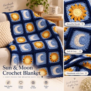 May include: A crochet blanket featuring a repeating pattern of square motifs with yellow suns and white crescent moons on a blue background. The blanket is composed of dark blue, light blue, yellow, and white yarn, showcasing intricate stitching.