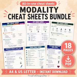 May include: A digital bundle of 18 therapy cheat sheets including DBT, CFT, ERP, Narrative Therapy, EMDR, and Emotional Regulation. The documents feature structured text, icons, and bullet points for clinical guidance, available as an instant download.