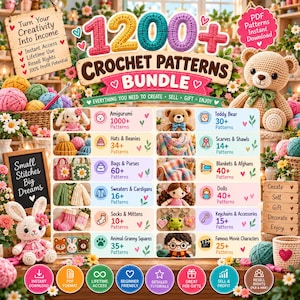 May include: A digital bundle of 1200+ crochet patterns featuring a beige teddy bear, amigurumi dolls, and various knitted items. The graphic includes text lists for categories like hats, bags, sweaters, and blankets, plus icons for instant download.