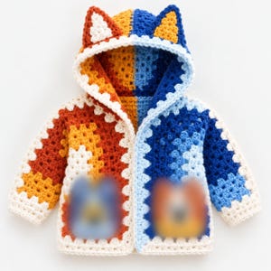 May include: A hooded crochet cardigan featuring a split-colour design. The left side is crafted in shades of orange, yellow, and white, while the right side uses blue, light blue, and white. The hood includes two pointed ears and white trim.