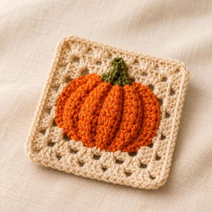 May include: A square crochet granny square coaster featuring a textured, three-dimensional orange pumpkin with a dark green stem centered on a light beige, open-work yarn background. The pumpkin has visible vertical ridges and stitches.