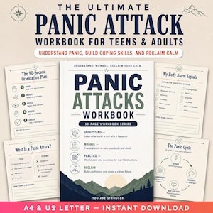 以下が含まれることがあります： 山岳風景のグラフィックが描かれた「The Ultimate Panic Attack Workbook for Teens & Adults」というタイトルの30ページのワークブック。表紙と4枚の内部ページには、パニック管理のためのテキスト、チェックリスト、図が含まれており、A4およびUSレターサイズで提供されています。