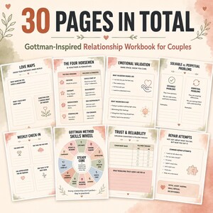 May include: A 30-page Gottman-inspired relationship workbook for couples featuring various worksheets with headings like Love Maps, The Four Horsemen, Emotional Validation, Solvable vs. Perpetual Problems, Weekly Check-in, Skills Wheel, and Repair Attempts.