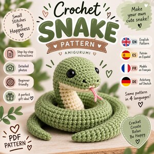 以下が含まれることがあります： あみぐるみのヘビのデジタルかぎ針編みパターン。Crochet SNAKE PATTERN、Small Stitches Big Happinessというテキストと、ステップバイステップの指示、写真、初心者向けのコンテンツが4か国語で記載されています。