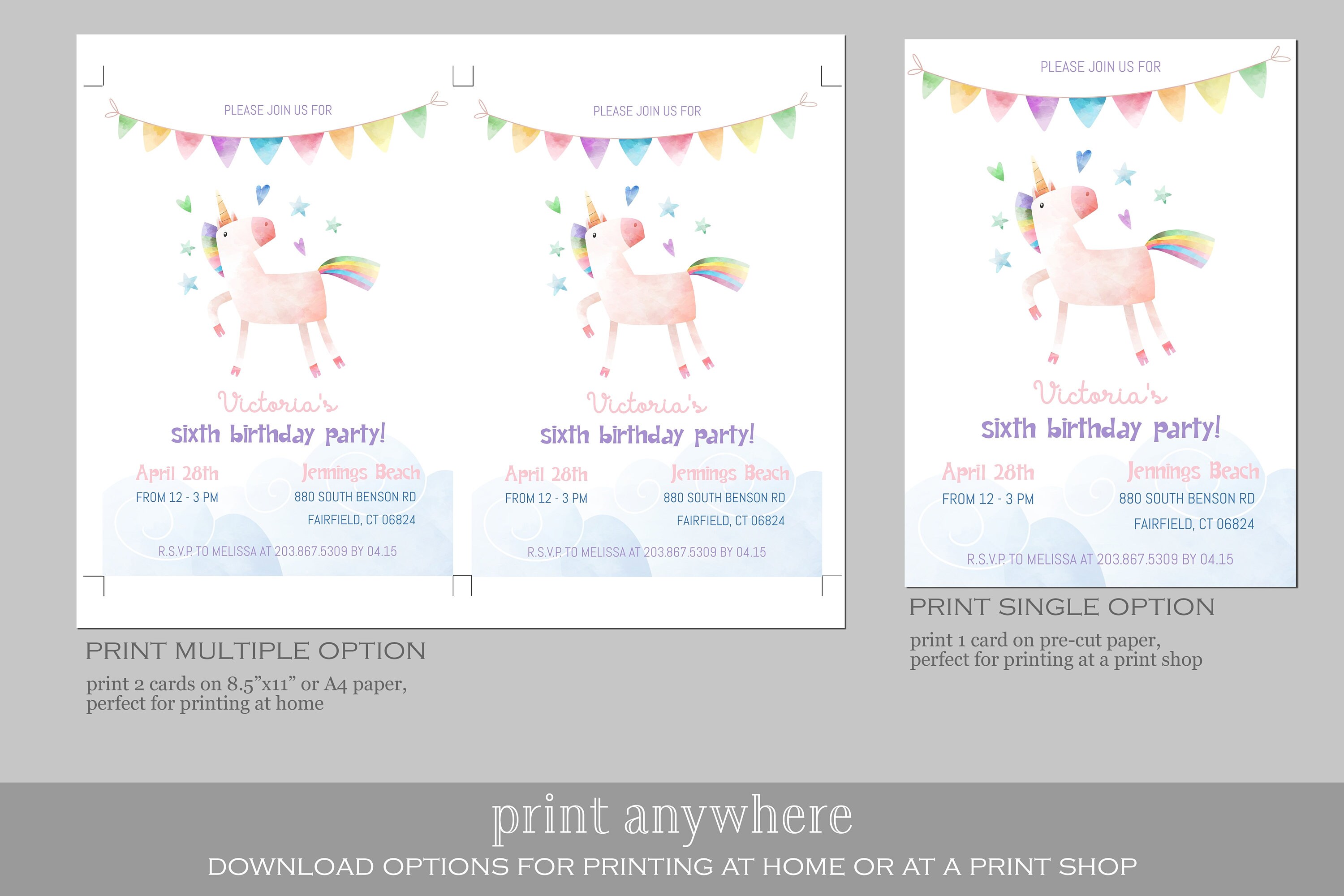 unicorn printable birthday invitation for kids etsy
