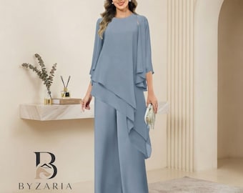 Conjunto de pantalón y blusa de gasa para mujer, top tipo capa y pantalón de pierna ancha, elegante atuendo para invitada de boda, traje de pantalón para la madre de la novia.