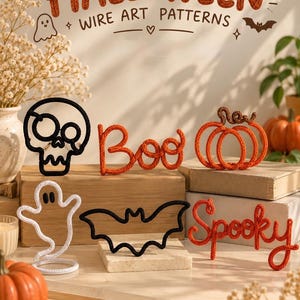 Halloween Tricotin Wire Art Patterns Printable Wire Sculpture Templates DIY Halloween Decor Pumpkin Ghost Skull Bat Boo Spooky PDF