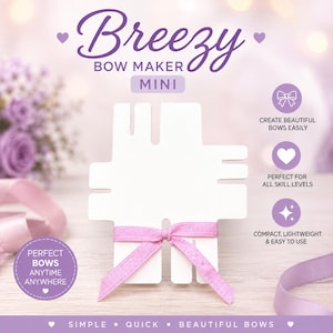 May include: A white plastic Breezy Bow Maker Mini tool with a light purple ribbon tied in a bow at the center. The text Breezy Bow Maker Mini is printed at the top. Additional text includes Create beautiful bows easily, Perfect for all skill levels, Compact, lightweight & easy to use, and Perfect bows anytime anywhere.