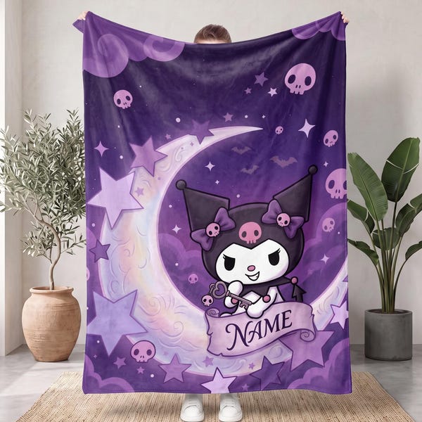 Couverture Kuromi personnalisée avec nom, motif croissant de lune violet, couverture douce et mignonne avec motif étoiles et chat, cadeau d'anniversaire pour enfants, couverture de voyage confortable