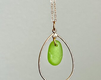Lime green sea glass gold teardrop hoop  necklace