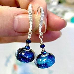 Starry Skies lampwork glass and cubic zirconia sterling silver earrings