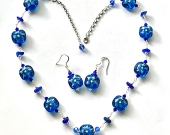 Cobalt blue seaglass and lampwork glass sterling silver necklace set