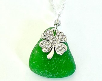 St Patricks Day necklace, Kelly green seaglass and 4 leaf clover design