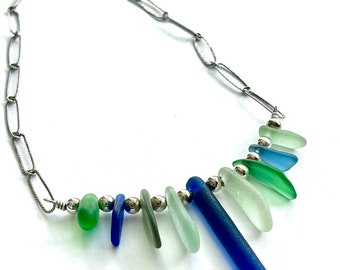 Ocean Colors Sea Glass Tapers Necklace, Sterling Silver Seaglass Statement Piece