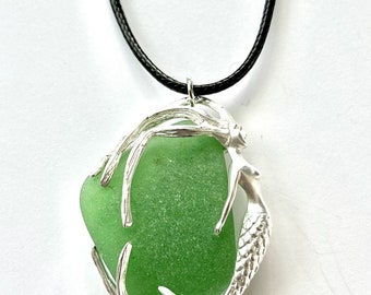 Large Green Sea Glass with Mermaid, mermaid statement necklace