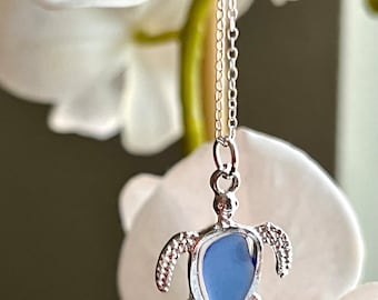 Turtle necklace - Cornflower Blue Sea glass and resin  necklace - rare color seaglass turtle pendant