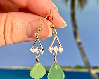 Lime Green Sea Glass Sparkle  Earrings