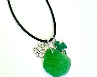 St Patricks Day necklace, Kelly green seaglass, shamrock and 4 leaf clover design