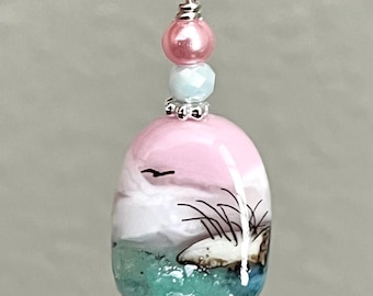 Beach scene necklace, ocean sunset lampwork glass pendant jewelry