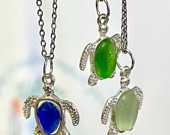 Turtle necklace - Sea glass and resin  necklace - seaglass turtle pendant, choice of colors
