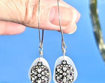 White sea glass sparkle earrings, sterling silver marquise seaglass drops