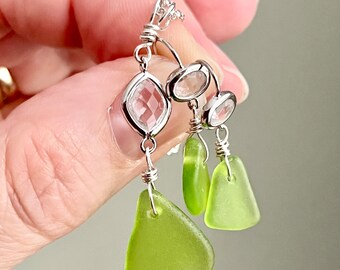 Lime green seaglass earring sets  - sterling silver and sea glass drops