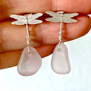 Dragonfly Pale Lavender Sea Glass Earrings, Nature Jewelry, For Her, Ocean Inspired