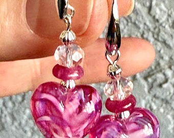 Pink swirl heart earrings -  lampwork glass sterling silver earrings