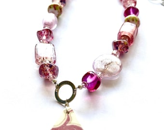 Shades of pink beach pottery and sterling silver necklace