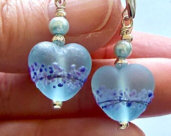 Ocean lavender heart earrings -  lampwork glass sterling silver earrings