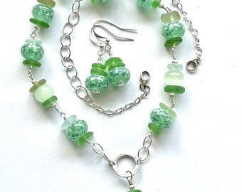 Shades of green seaglass and lampwork glass sterling silver necklace and earrings set
