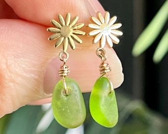 Lime Green Sea Glass Daisy Earrings