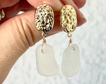 White seaglass earrings - white and gold drop earrings, wirewrapped seaglass earrings