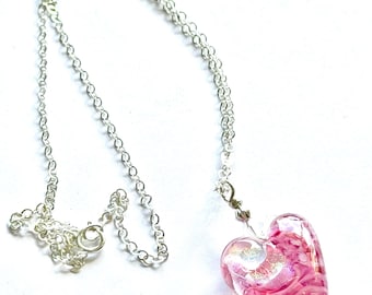 Pink Swirl Lampwork Glass Heart Necklace, Sterling silver jewelry