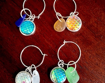 Seaglass wine charms, wine charm set, mermaid wine charms, set of four wine charms, coastal wine glass charms